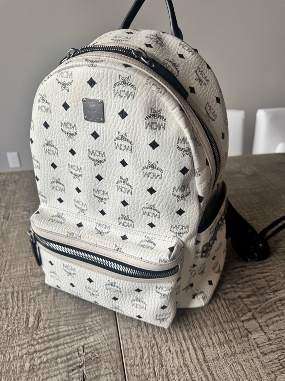 MCM Stark White XL Backpack with Black Logo Print